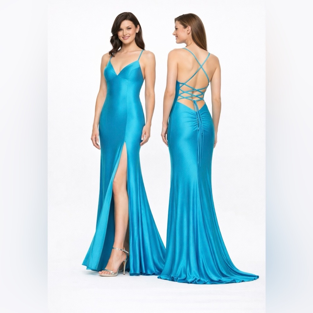 Faviana 8 Long Formal Prom Corset Gown Low Back Train 10826 Sea Blue NEW $328